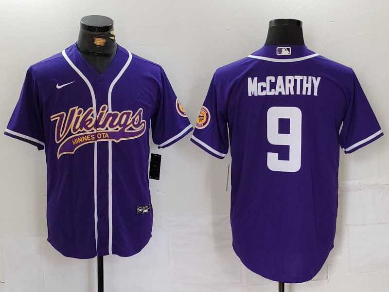 Men%27s Minnesota Vikings #9 JJ McCarthy Purple Cool Base Stitched Baseball Jersey